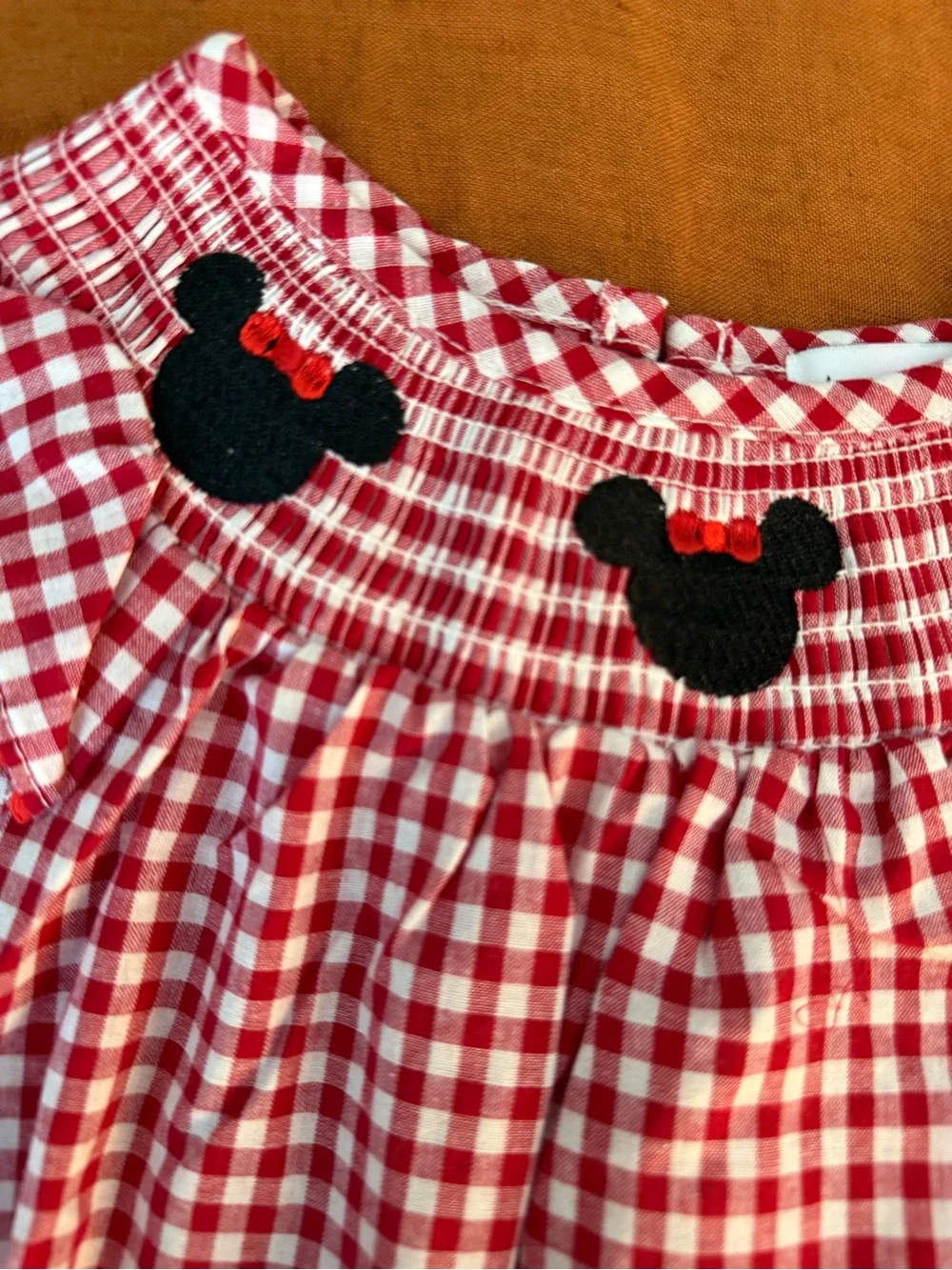 Red Gingham Baby Top with Black Minnie Mouse smocking